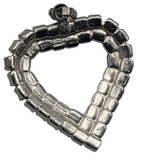 Rhinestone-Studded Open Heart Pendant Silver Tone Pot Metal Vintage - Picture 4 of 11